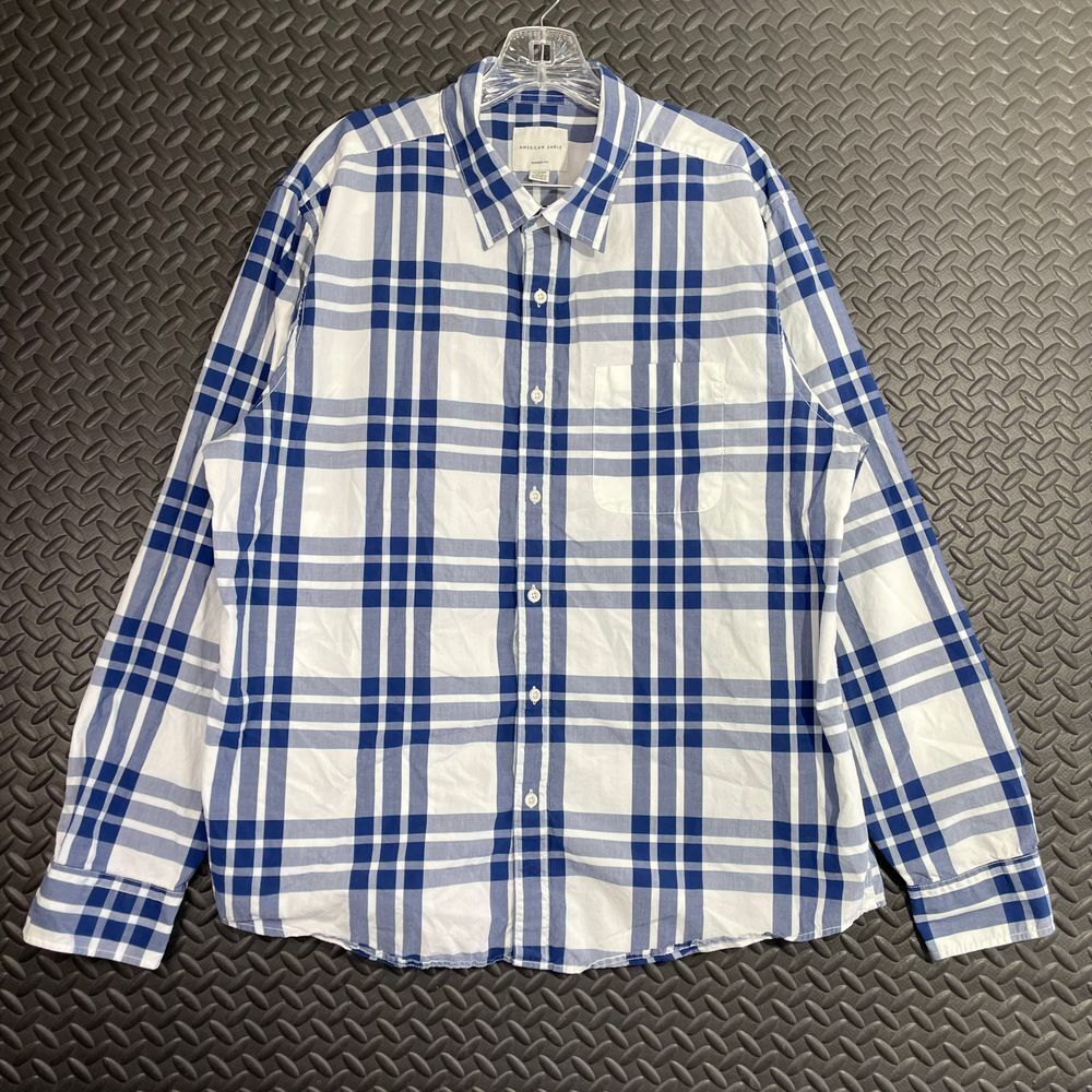 American Eagle Blue White Classic‎ Fit Button Up Flannel Casual Wear Men Size XL